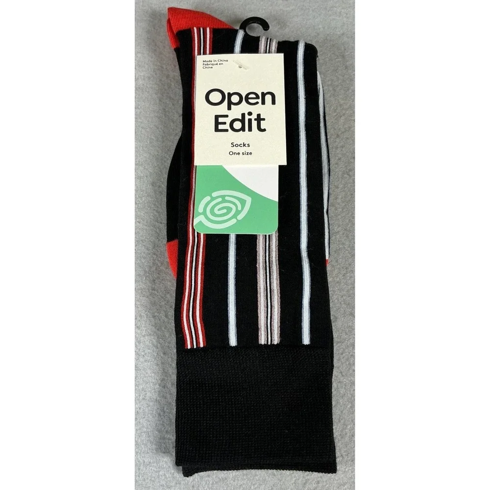 Open Edit Crew Socks Black‎ Red White Striped One Size NWT Casual Dress Socks